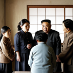 **

"A North Korean family gathered discreetly in their home, listening intently as the grandmother whispers stories of their ancestors. The room is sparsely furnished, with a single portrait of a stern-looking ancestor on the wall. Soft, diffused light. Emphasize the close bonds and quiet resilience."

**