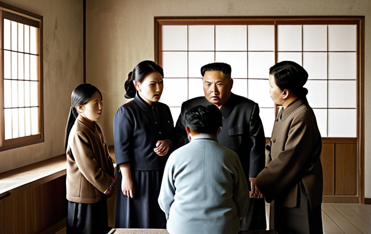 **
"A North Korean family gathered discreetly in their home, listening intently as the grandmother whispers stories of their ancestors. The room is sparsely furnished, with a single portrait of a stern-looking ancestor on the wall. Soft, diffused light. Emphasize the close bonds and quiet resilience."
**