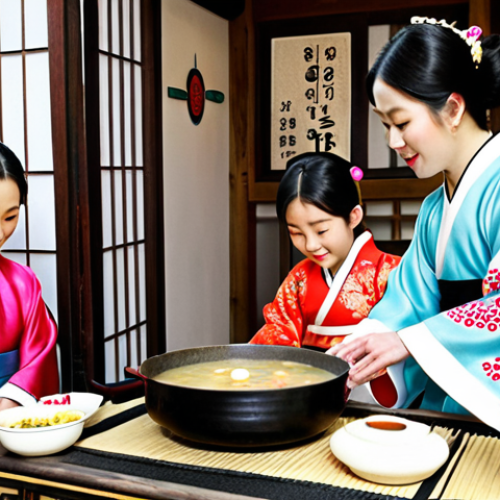 **

A vibrant scene depicting a Joseonjok family celebrating Seollal (Korean New Year) in their home in China. The family is wearing Hanbok (traditional Korean clothing) and preparing Tteokguk (rice cake soup). In the background, there are traditional Korean decorations and calligraphy. The overall atmosphere should be warm and festive, highlighting the preservation of Korean culture within the Chinese context.

**