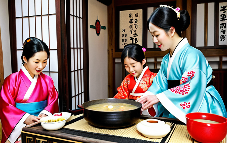 **

A vibrant scene depicting a Joseonjok family celebrating Seollal (Korean New Year) in their home in China. The family is wearing Hanbok (traditional Korean clothing) and preparing Tteokguk (rice cake soup). In the background, there are traditional Korean decorations and calligraphy. The overall atmosphere should be warm and festive, highlighting the preservation of Korean culture within the Chinese context.

**