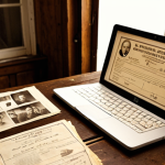 **Prompt 1: Digital Discovery of Polish Roots**
    A person (gender-neutral, 30s-40s, expressing curiosity and concentration) is sitting at a wooden desk, surrounded by a blend of old and new. On a laptop screen, blurred digital archives display images of historical Polish civic acts or church records. Spread across the desk are physical, aged Polish family photographs (sepia-toned), a delicate handwritten letter, and a yellowed birth certificate. A DNA test kit box is subtly placed to the side. The scene is bathed in soft, warm light from a nearby window, creating an atmosphere of deep personal discovery and a journey through time. The background subtly evokes elements of historical Polish interiors or traditional architectural details. Highly detailed, photorealistic, cinematic lighting, with a shallow depth of field.
