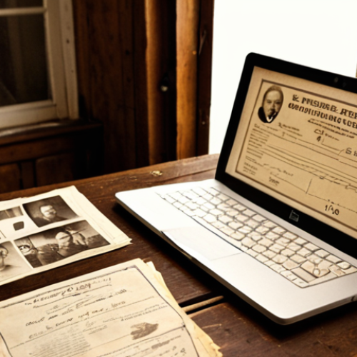 **Prompt 1: Digital Discovery of Polish Roots**
    A person (gender-neutral, 30s-40s, expressing curiosity and concentration) is sitting at a wooden desk, surrounded by a blend of old and new. On a laptop screen, blurred digital archives display images of historical Polish civic acts or church records. Spread across the desk are physical, aged Polish family photographs (sepia-toned), a delicate handwritten letter, and a yellowed birth certificate. A DNA test kit box is subtly placed to the side. The scene is bathed in soft, warm light from a nearby window, creating an atmosphere of deep personal discovery and a journey through time. The background subtly evokes elements of historical Polish interiors or traditional architectural details. Highly detailed, photorealistic, cinematic lighting, with a shallow depth of field.
